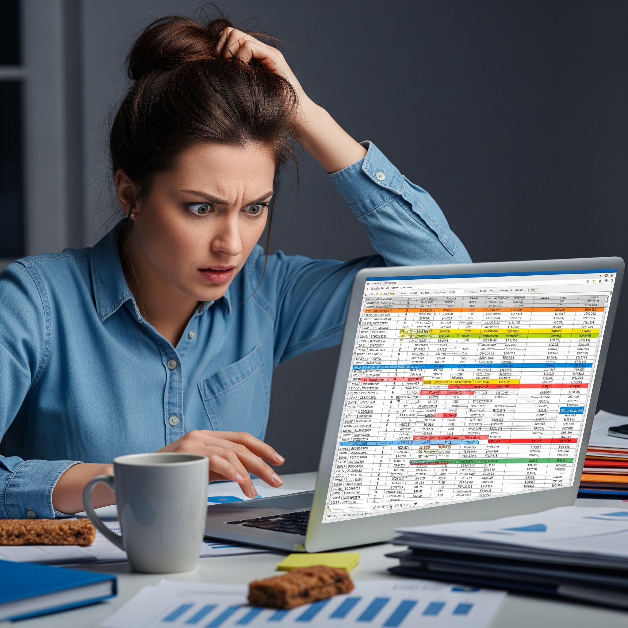 A stressed woman looking at a chaotic spreadsheet on her laptop.